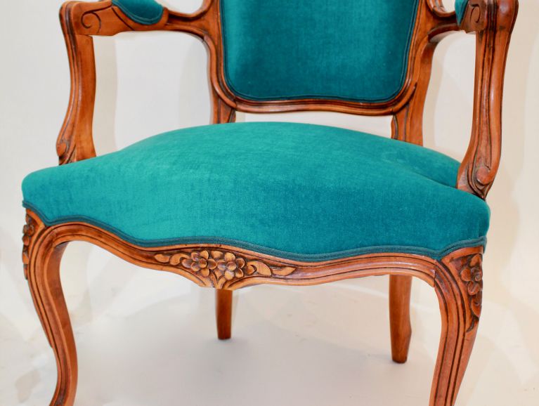 Complete refection of a Louis XV  Cabriolet armchair - Fabric editor Casal with double piping finish The Passementeries of the Ile de France