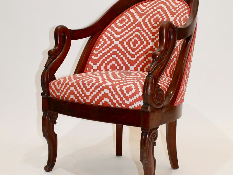 Cover of an armchair Empire gondola gooseneck - finish double piping Les Passementeries of Ile de France