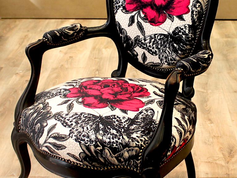 Cover of a Napoleon III armchair - Fabric editor CLARKE & CLARKE Butterfly Sunset - Renaissance bronze studded finish